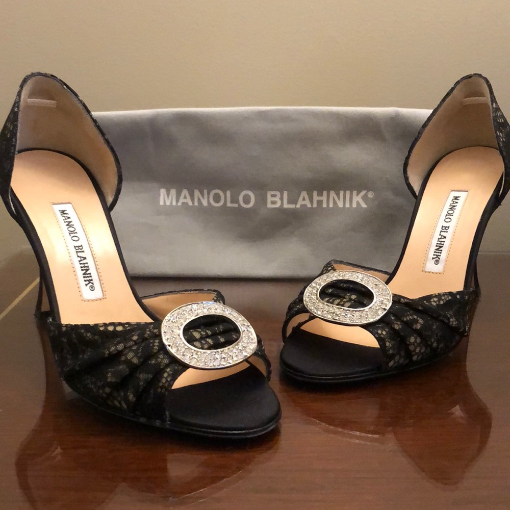 Authentic Manolo Blahnik D’Orsay Lace/Jewel Heels